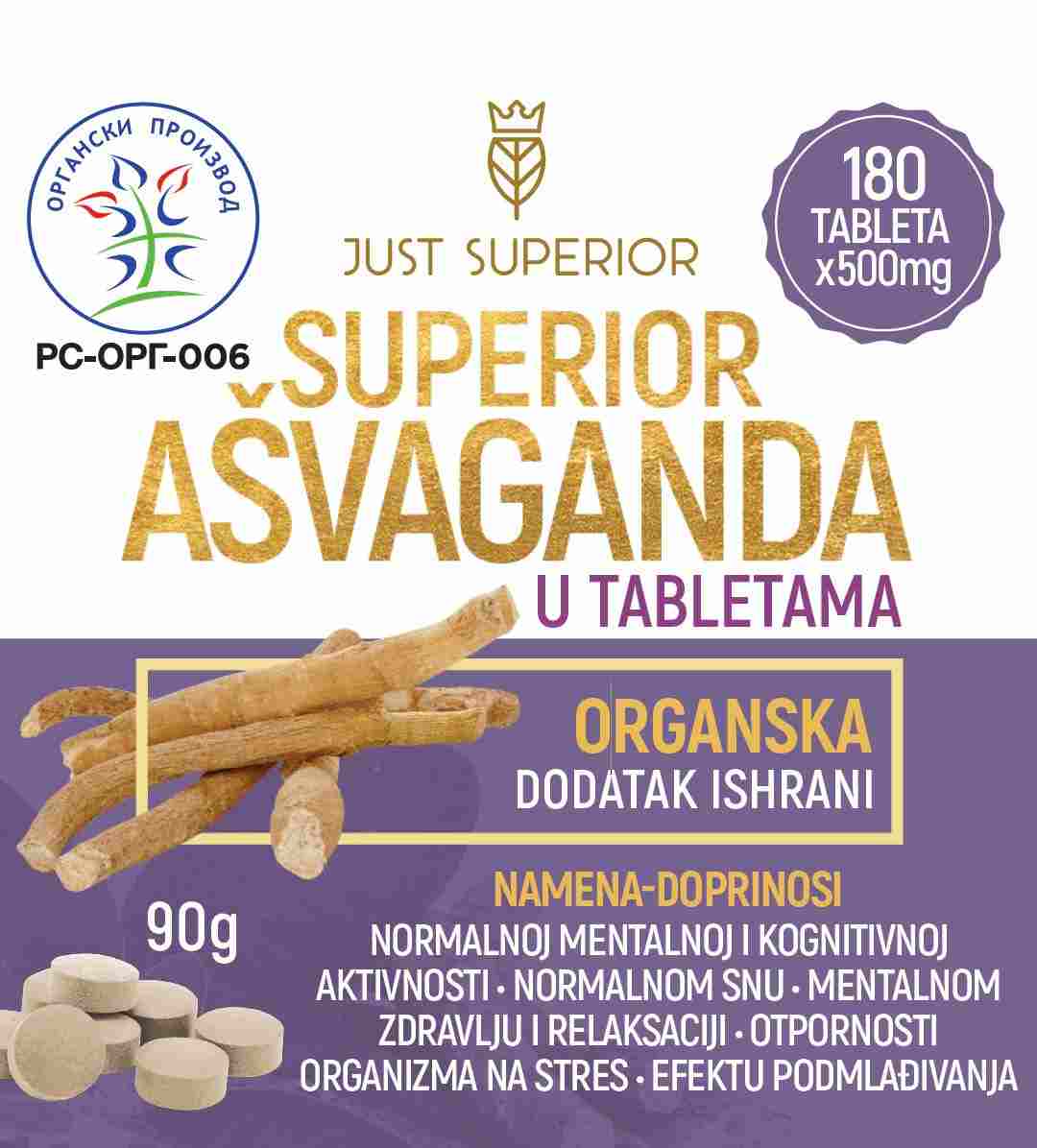 Superior Ašvaganda tablete kao prirodni organski dodatak ishrani za stres - pakovanje od 150 tableta