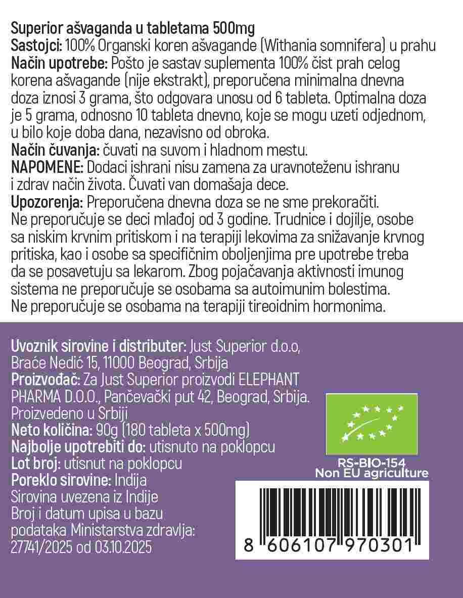 Superior Ašvaganda tablete kao prirodni organski dodatak ishrani za stres - pakovanje od 150 tableta