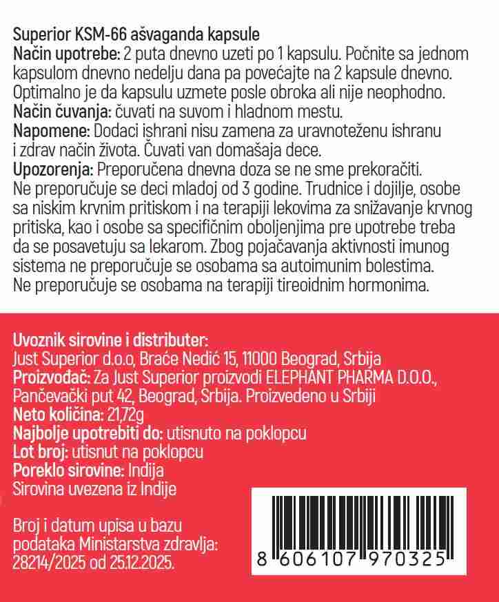 Pakovanje KSM66 ašvaganda kapsule, 60 veganskih kapsula