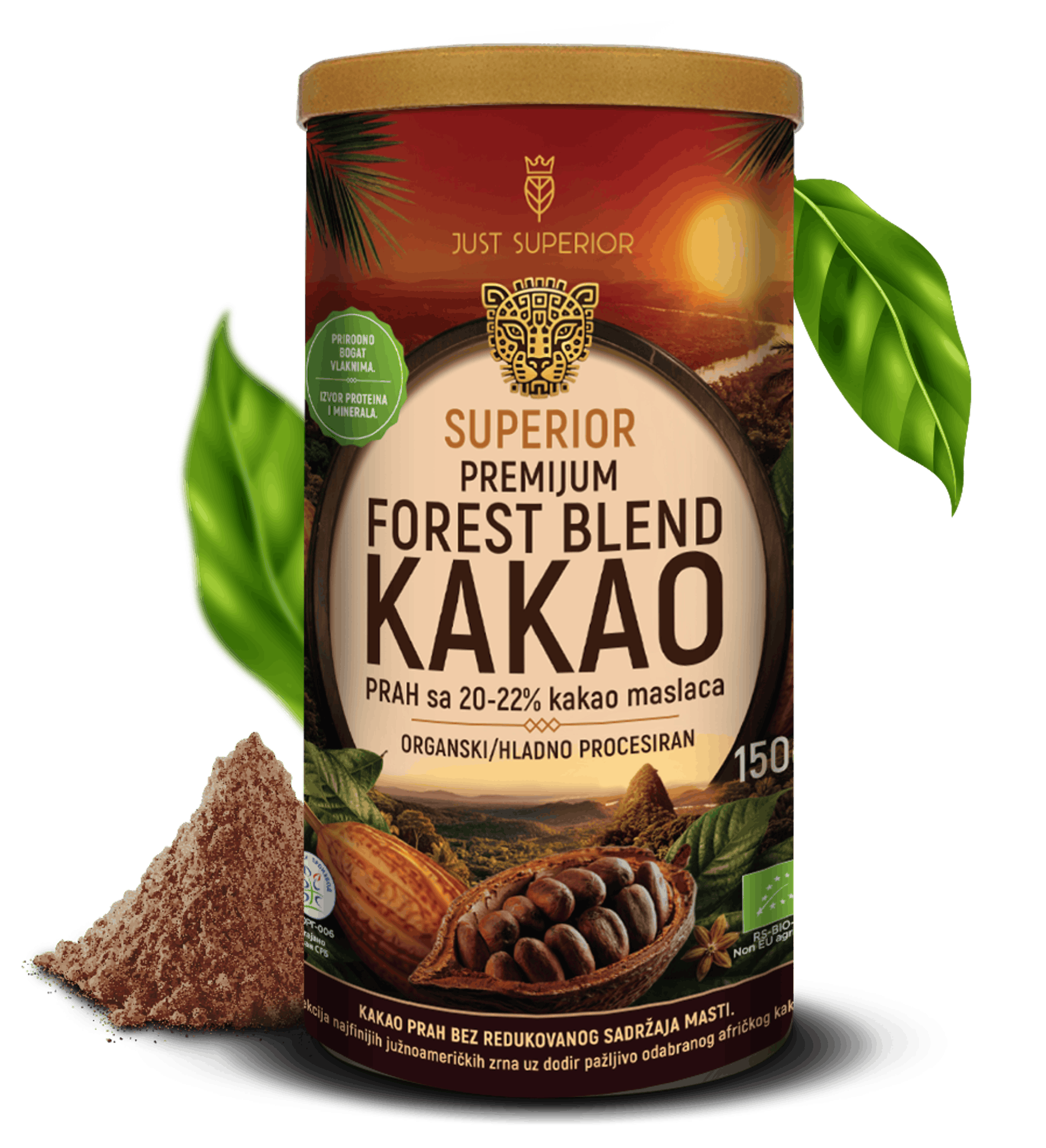 Pakovanje od 150g organskog punomasnog kakao praha Just Superior