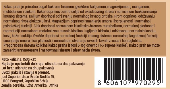 Pakovanje od 150g organskog punomasnog kakao praha Just Superior